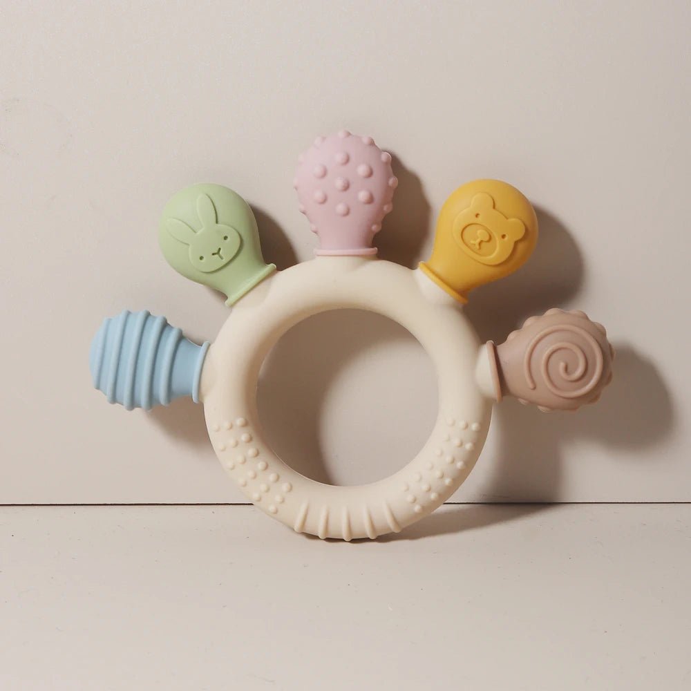 New hand multicolor Silicone Baby Ring Teether Anxiety Teething Toys 0-12 Months Chew Beads Sensory Gum Relief Soother Baby - Shoptonyg.com