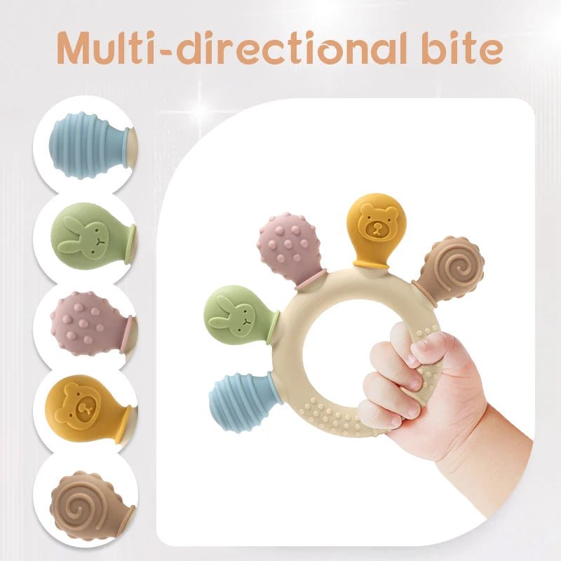 New hand multicolor Silicone Baby Ring Teether Anxiety Teething Toys 0-12 Months Chew Beads Sensory Gum Relief Soother Baby - Shoptonyg.com