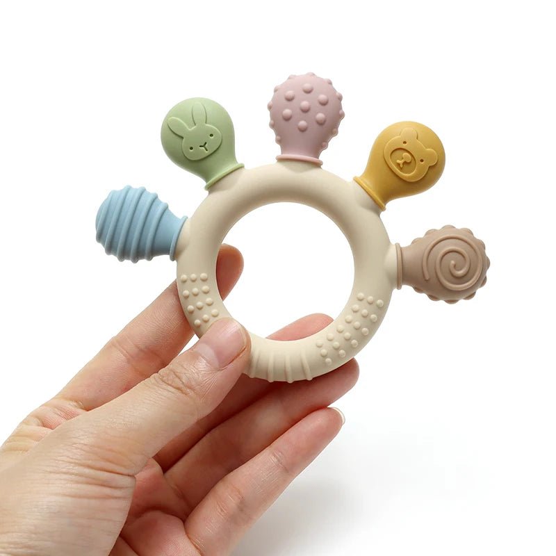 New hand multicolor Silicone Baby Ring Teether Anxiety Teething Toys 0-12 Months Chew Beads Sensory Gum Relief Soother Baby - Shoptonyg.com