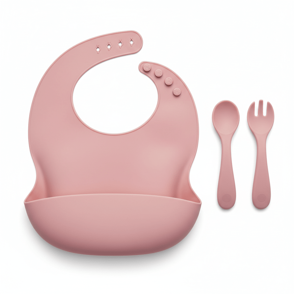 Babero y cubiertos de silicona para bebé